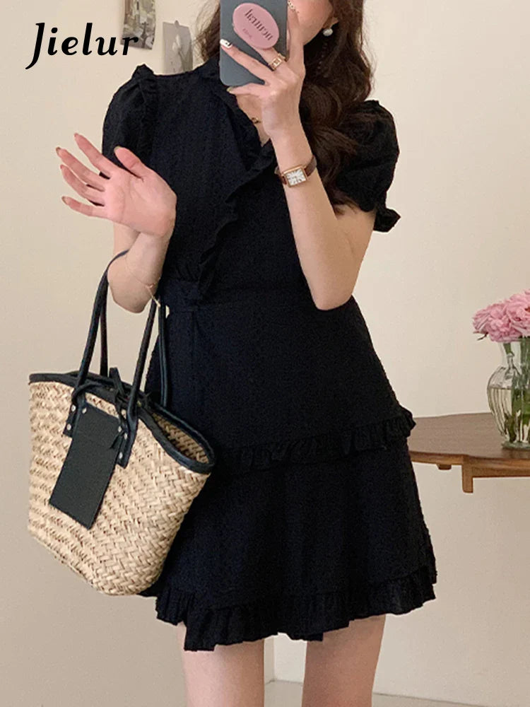 Chic Black Ruffled V-Neck Summer Dress for Women