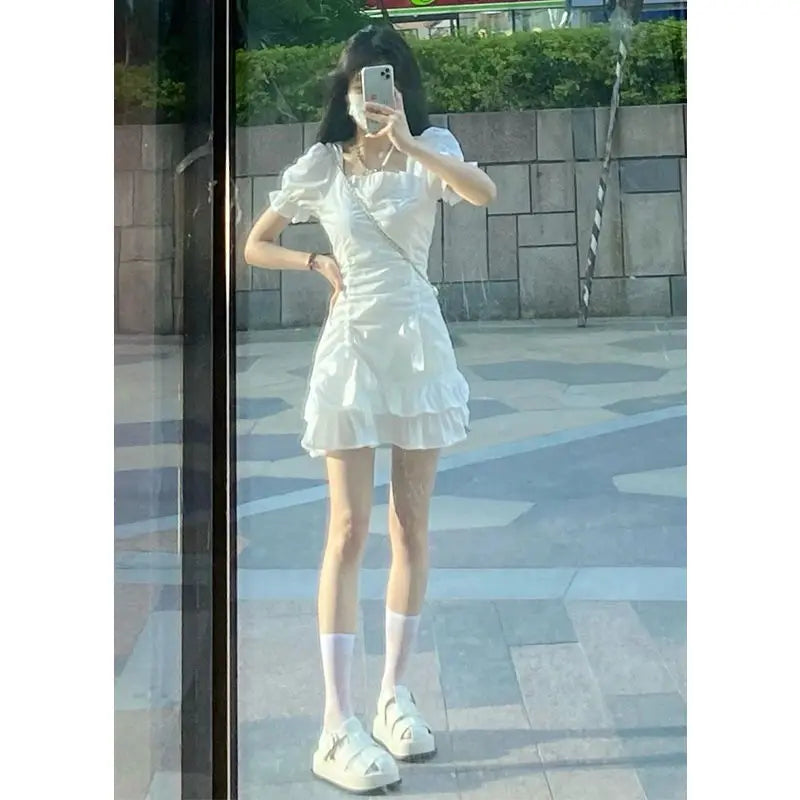Chic White Summer Dress with Square Neck and Princess Sleeves
