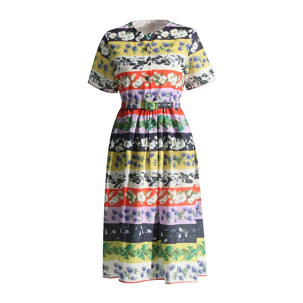 Floral Colorblock Dress with High Waist and Short Sleeves