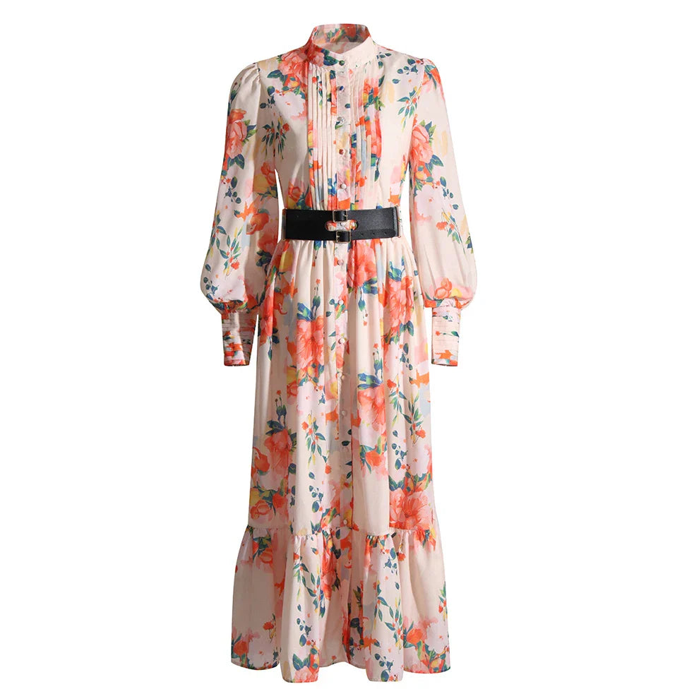 Floral Patchwork Midi Dress with Lantern Sleeves