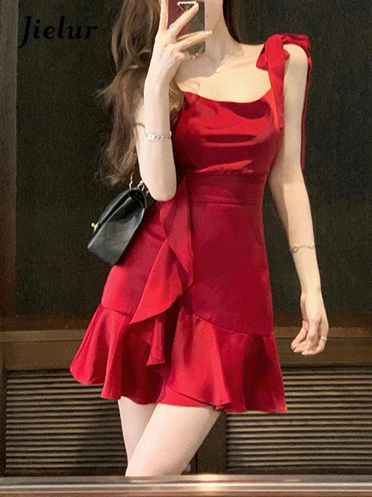 Elegant Strapless Red Ruffles Summer Dress for Women