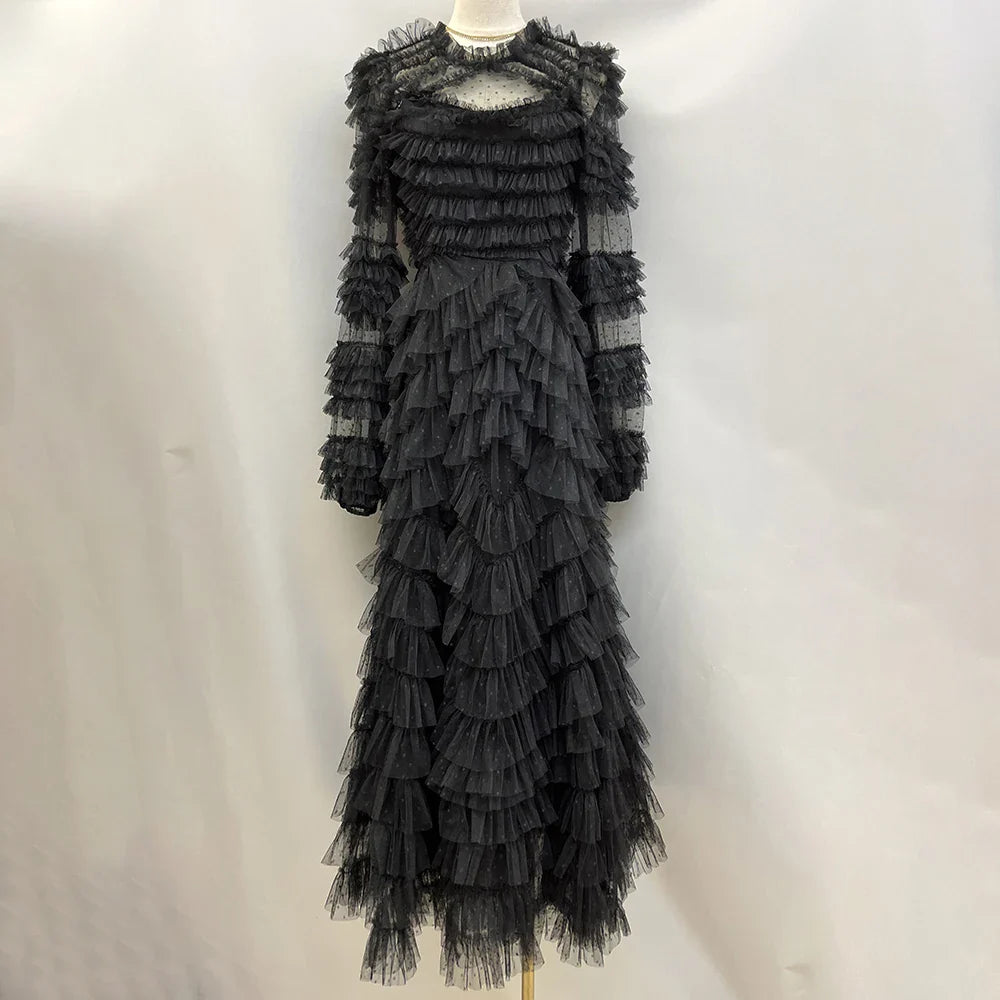 Elegant Tiered Mesh Sweet Dress with Lace Up Detail