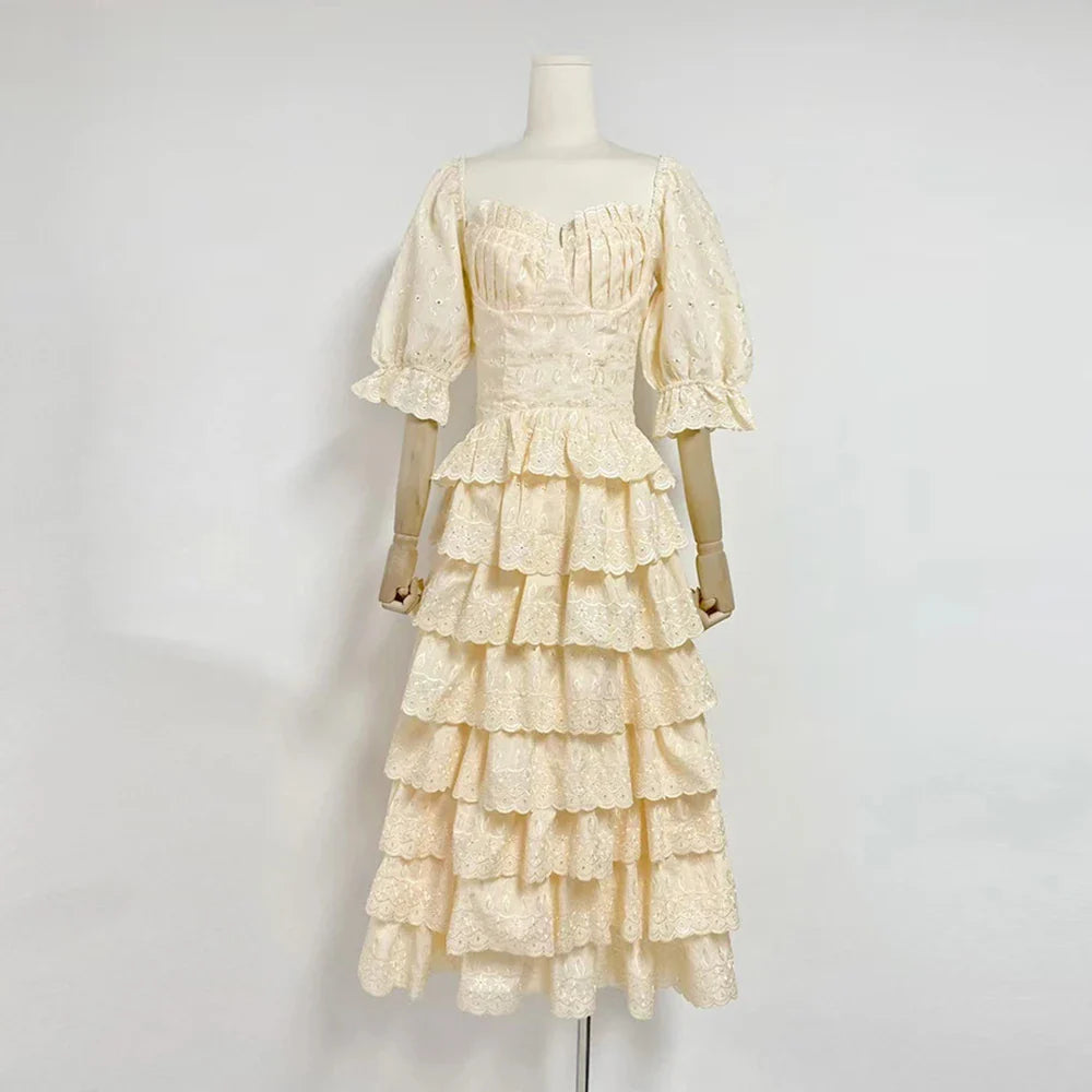 Elegant Puff Sleeve Ruffle Dress with Square Collar