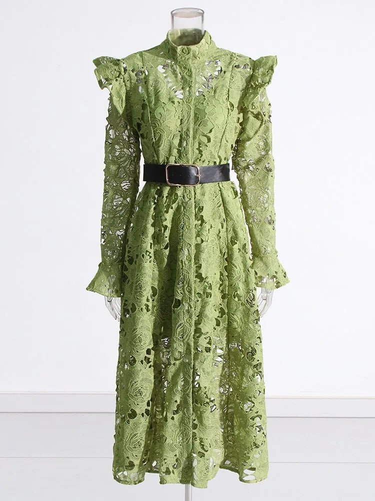 Elegant Hollow Out Lace A-Line Dress with Belt