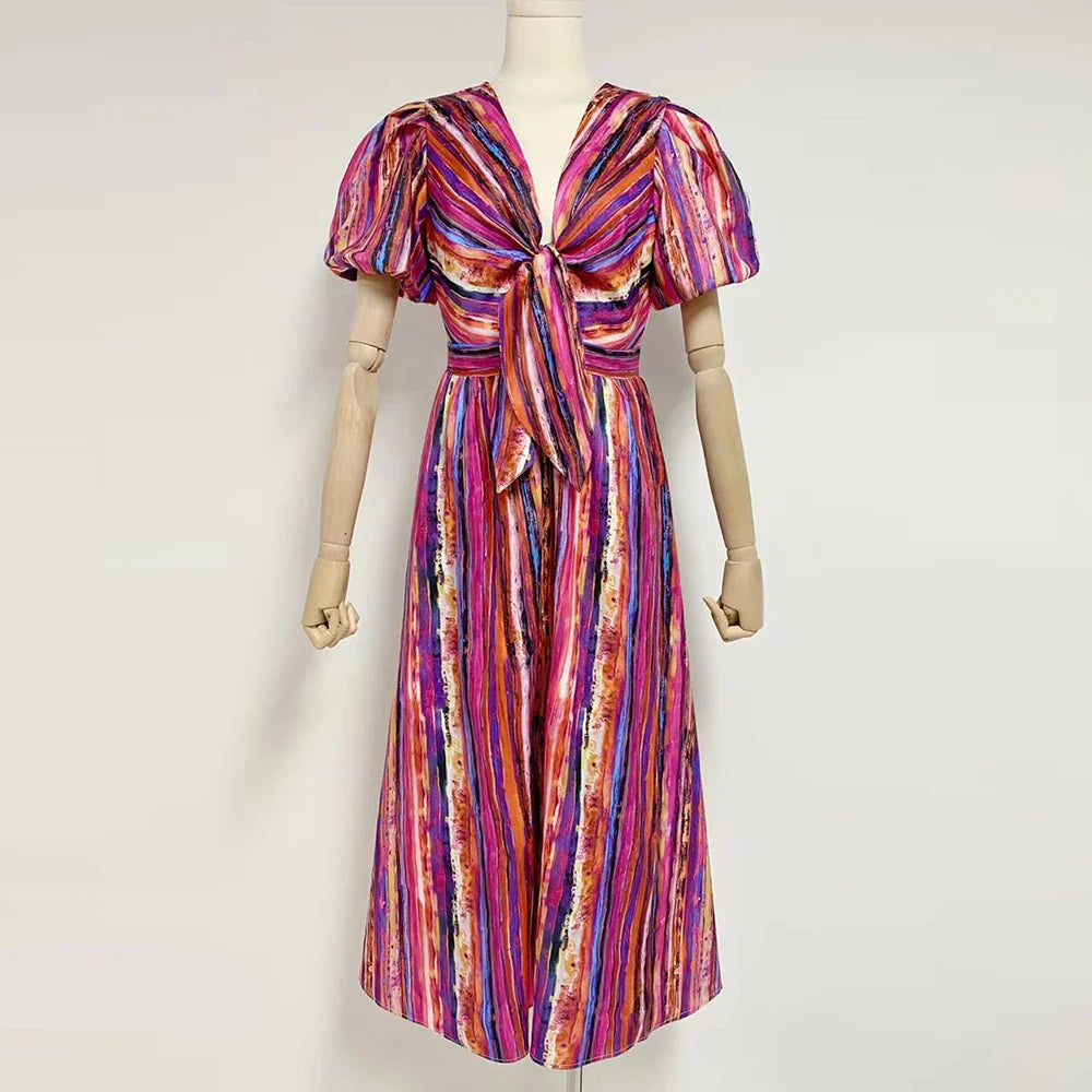 Colorblock Striped Midi Dress with Puff Sleeves and Lace Up