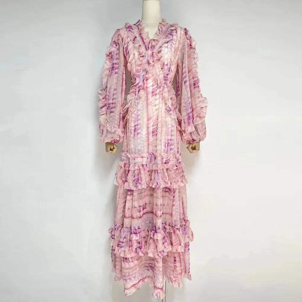 Vintage V-Neck Puff Sleeve Midi Dress for Women