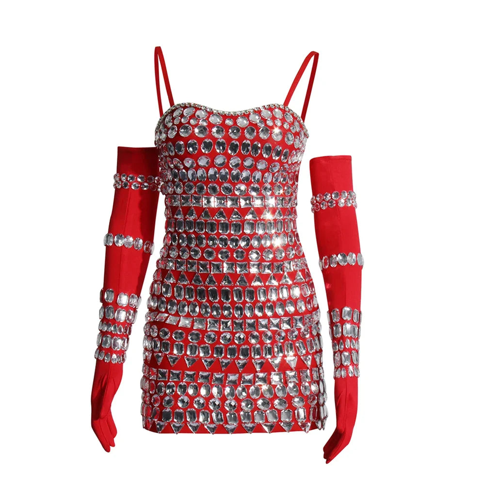 Elegant Slimming Strapless Diamonds Dress with Gloves