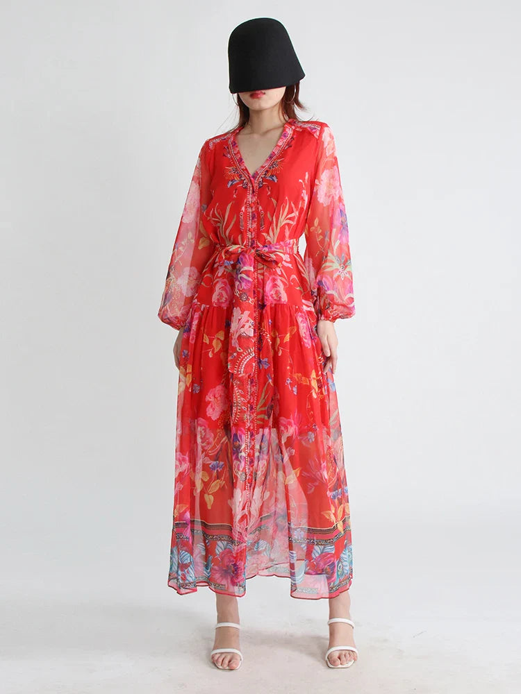 Spring Floral V-Neck Lantern Sleeve Dress for Women