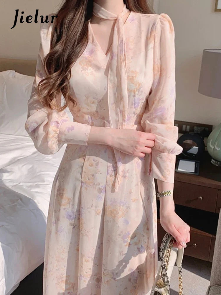 Elegant Floral Chiffon V-Neck Midi Dress for Women