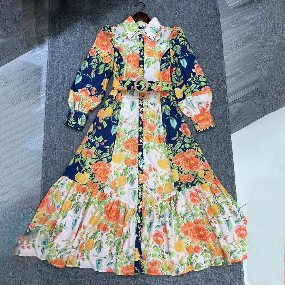 Elegant Floral Print Long Sleeve High Waist Dress