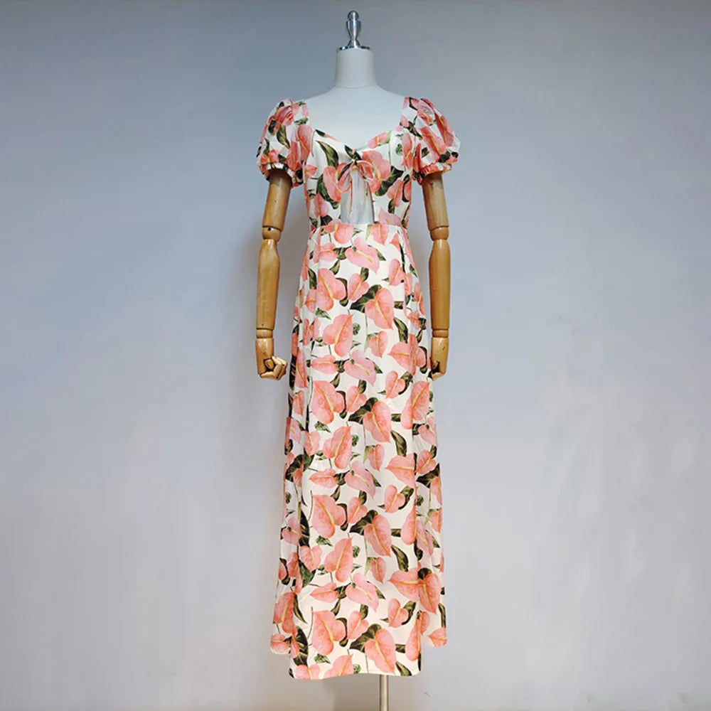 Elegant Lace-Up Midi Dress with Puff Sleeves