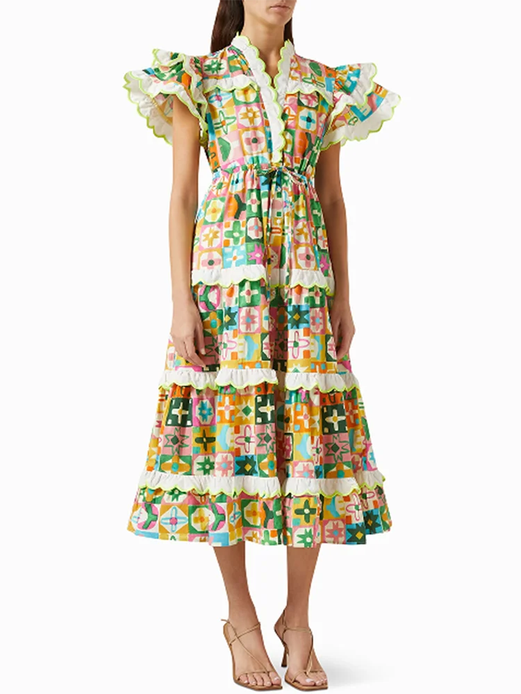 Elegant V-Neck Ruffle Patchwork Tunic Dress for Women