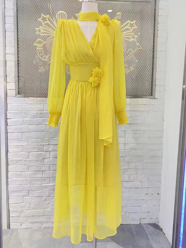 Elegant V-Neck Midi Dress with Gathered Waist and Floral Patchwork