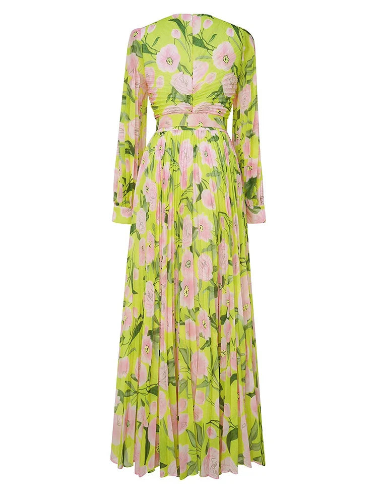 Floral V-Neck Lantern Sleeve Yellow Dress for Women