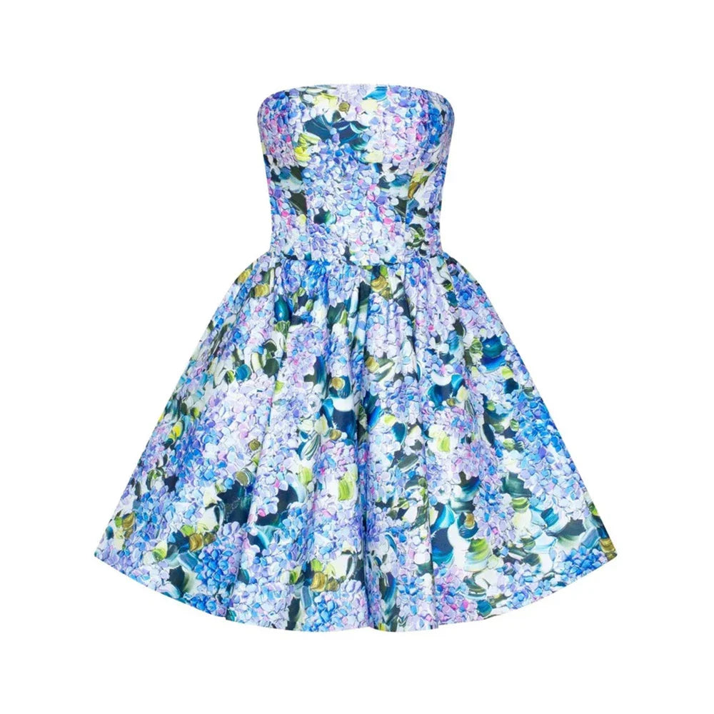 Elegant Floral Print Strapless High Waist Short Dress