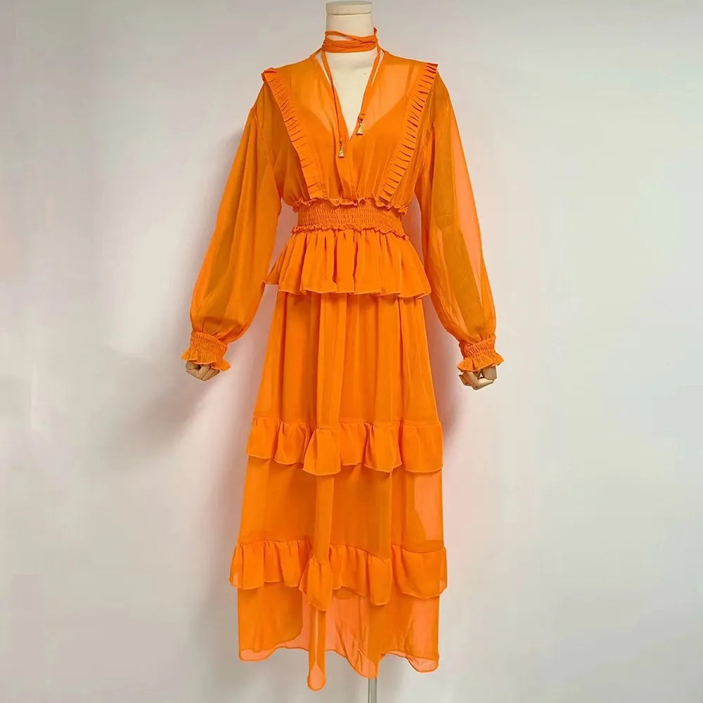 Elegant V-Neck Sheer Mesh Casual Dress for Women