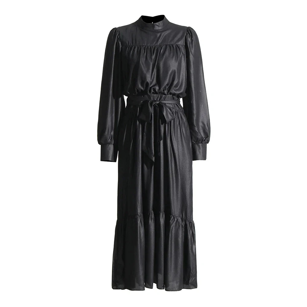 Elegant Lace-Up Patchwork Dress with Stand Collar