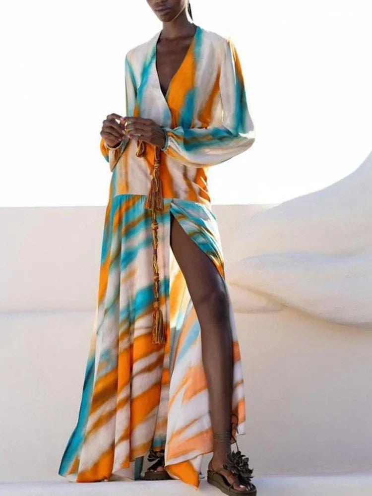 V Neck Tie Dye Slim Dress with Belt for Women