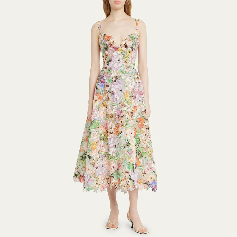 Floral Print V-Neck Backless High Waist Dress