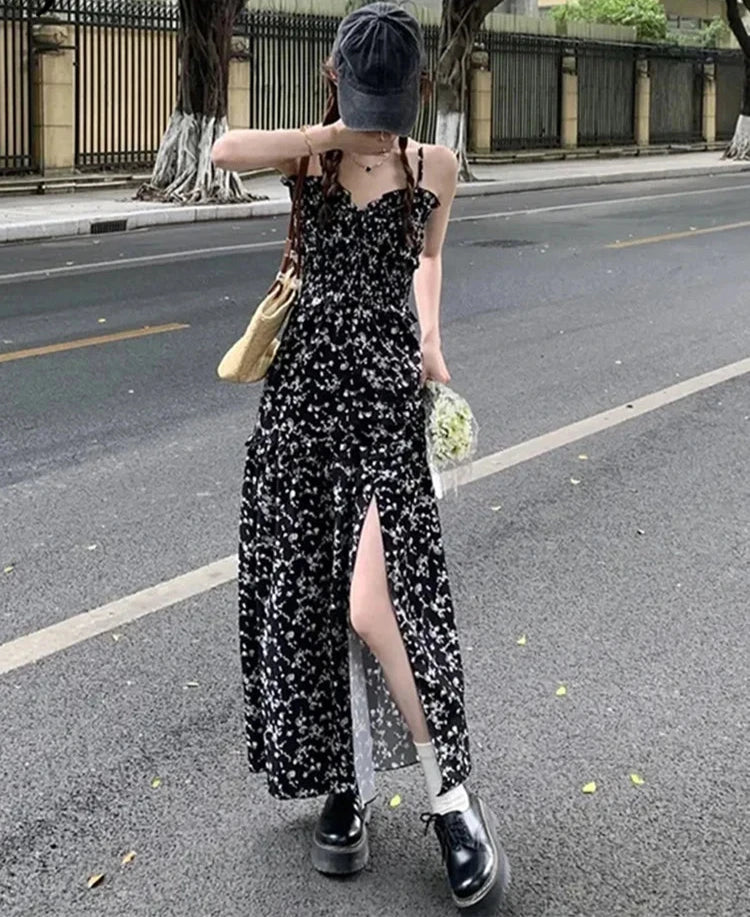 Elegant Floral Black Spaghetti Strap Dress for Parties
