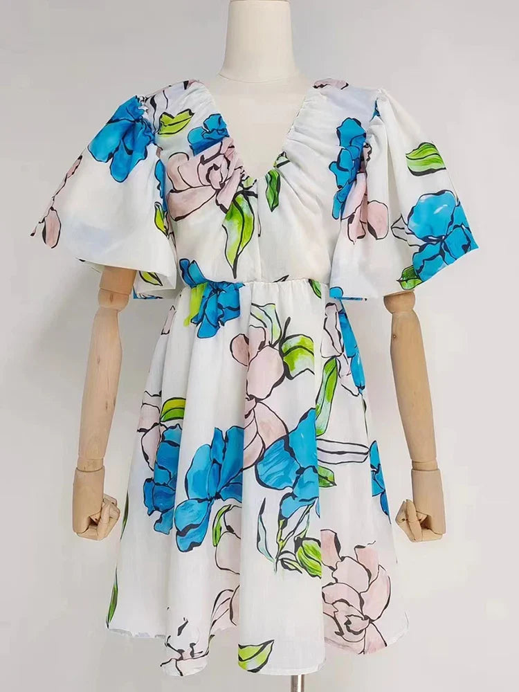 Colorblock Mini Dress for Women - V Neck, Short Sleeve, Summer Style