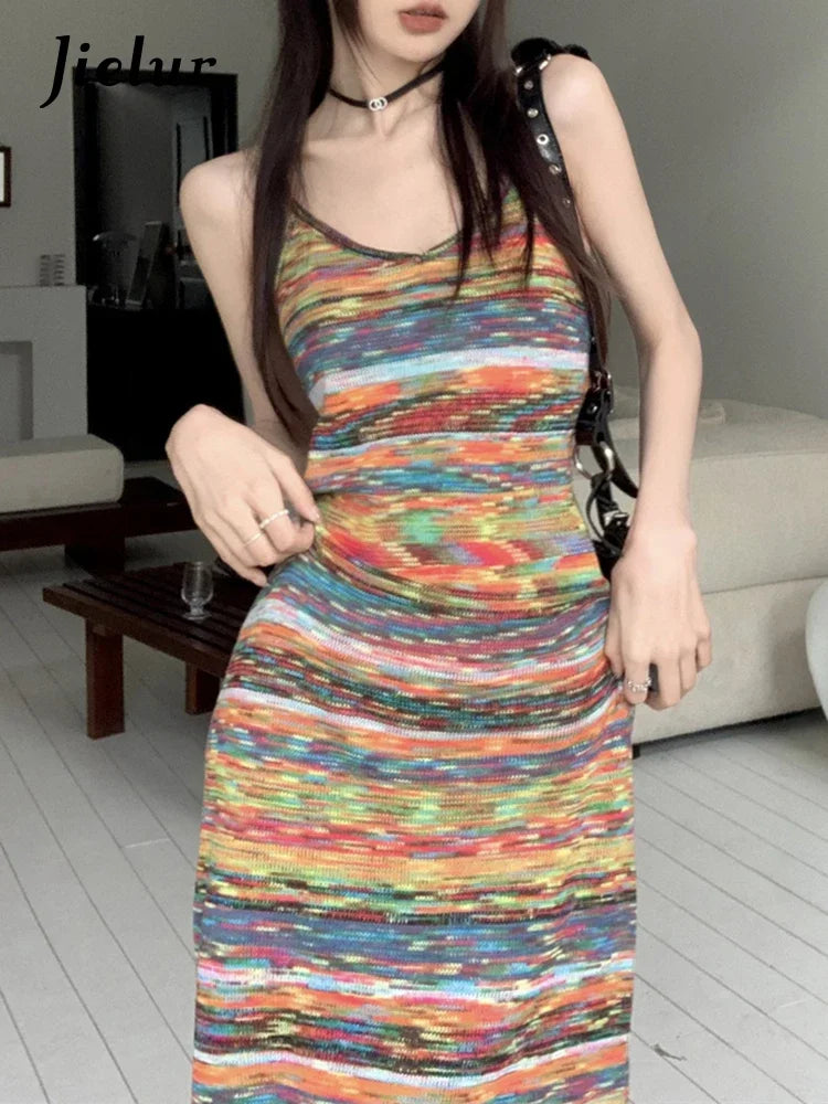 Elegant Summer Strapless Knitted Dress with Colorful Stripes