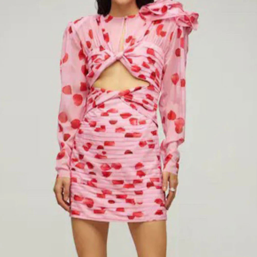 Floral Mini Dress with Pleated Design and Cut-Out Detail