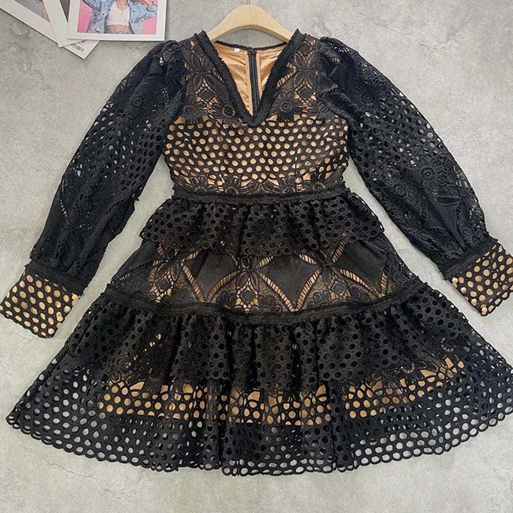 Elegant V-Neck Lace Mini Dress with Lantern Sleeves