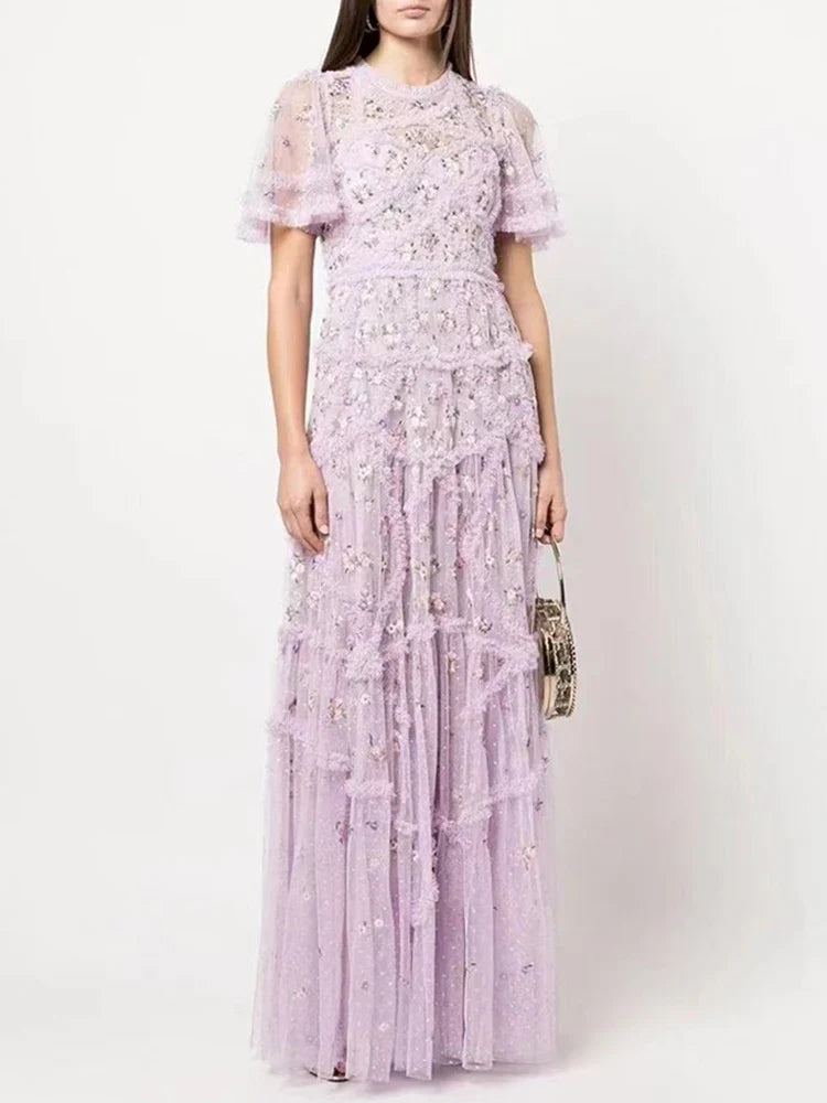 Spring Floral Mesh High Waist Dress for Women