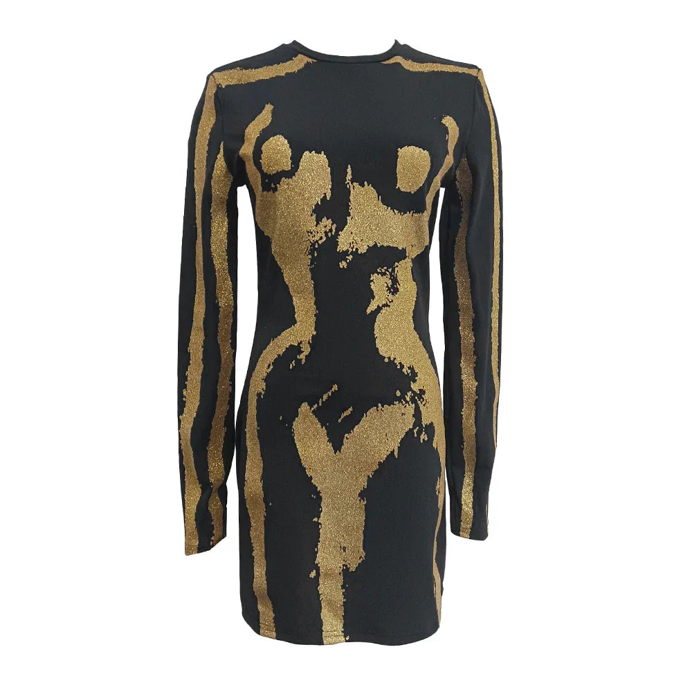 Elegant Colorblock Mini Dress for Women - Slimming Long Sleeve