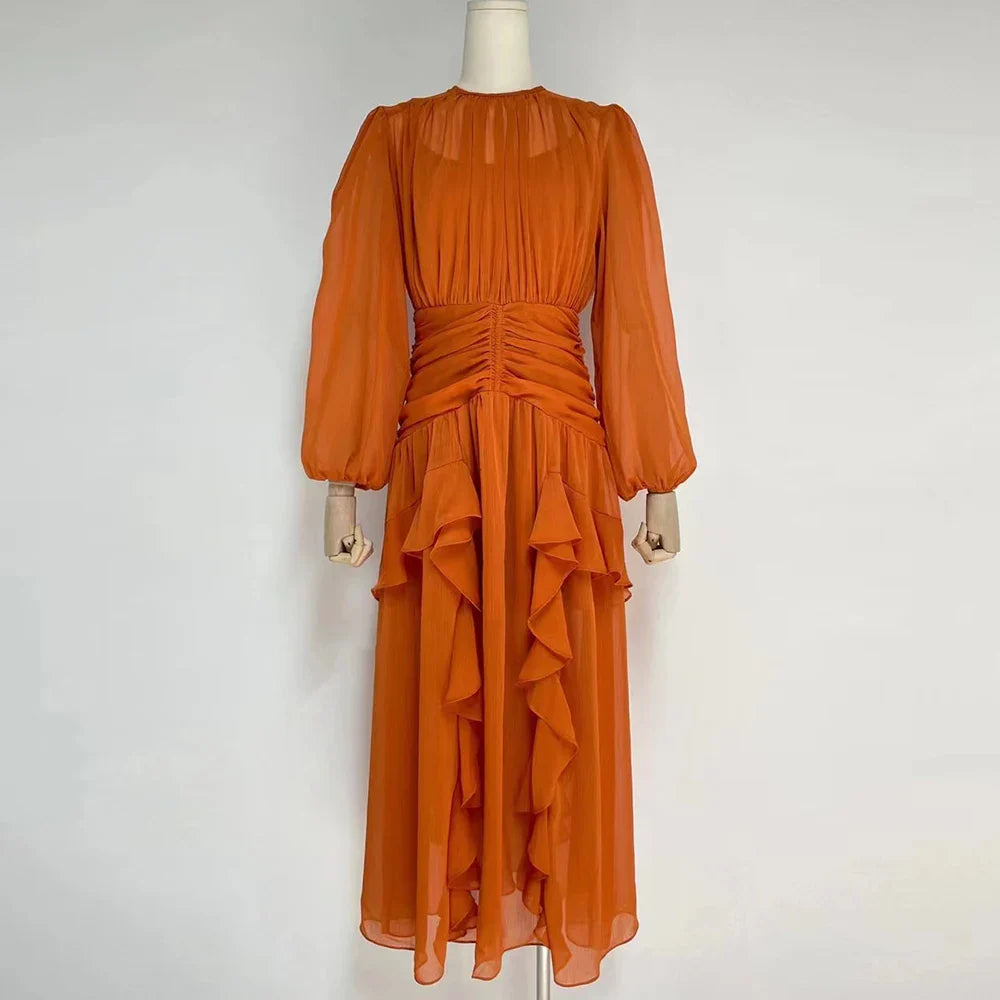 Stylish High Waist Midi Dress with Lantern Sleeves