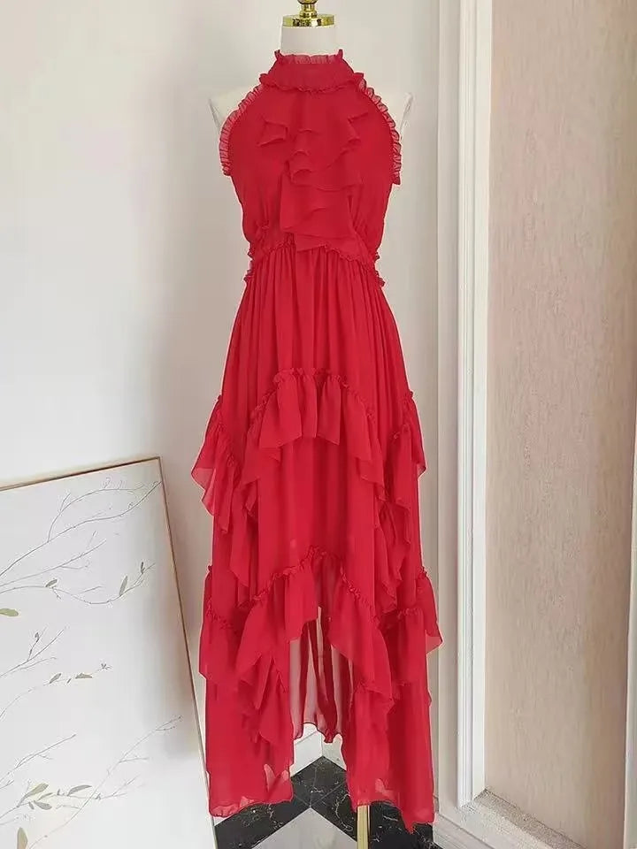 Halter Neck High Waist Irregular Hem Red Dress