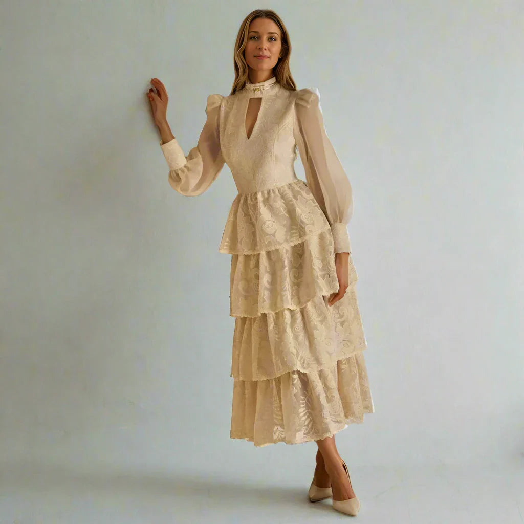 Elegant Hollow Out Embroidery Long Dress with Lantern Sleeves