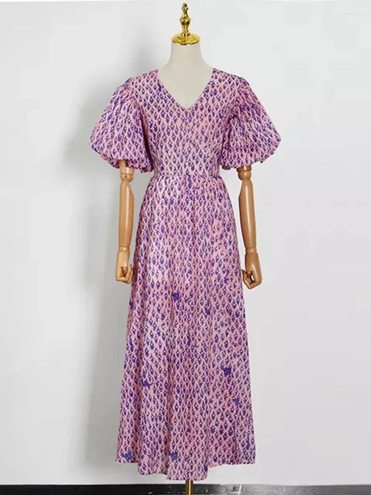 Elegant V-Neck Puff Sleeve Summer Maxi Dress for Women