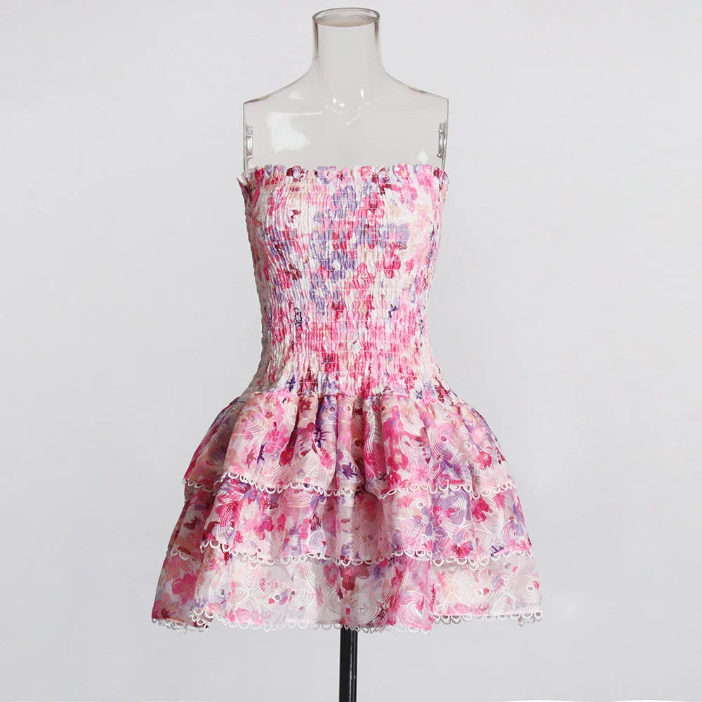 Floral Tiered Mini Dress with High Waist Design