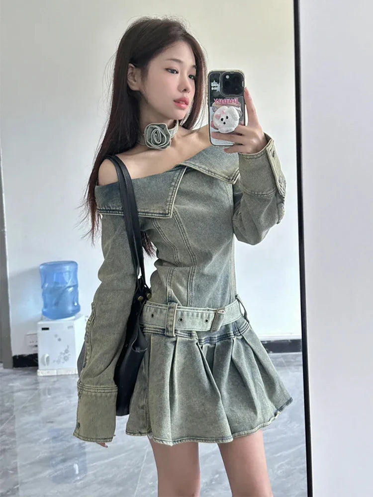 Chic Slash Neck Denim Mini Dress for Women