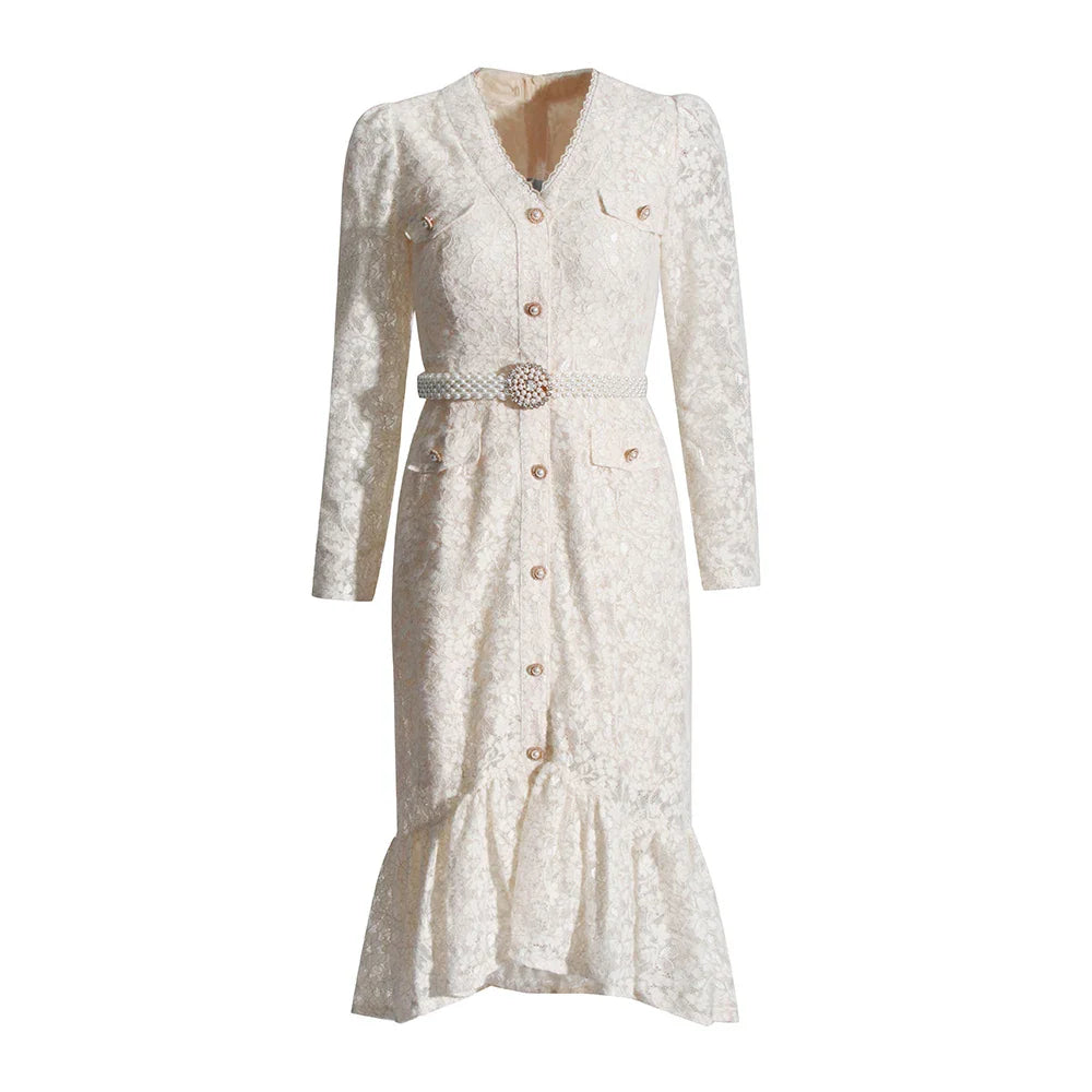 Chic V Neck Hollow Out Long Sleeve Dress for Women