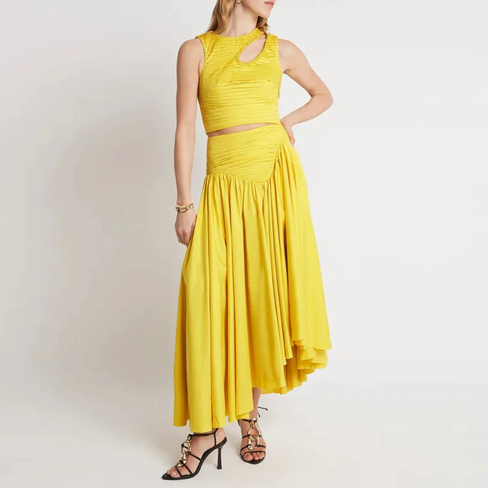 Chic Hollow Out Pleat Crop Top & Skirt Set