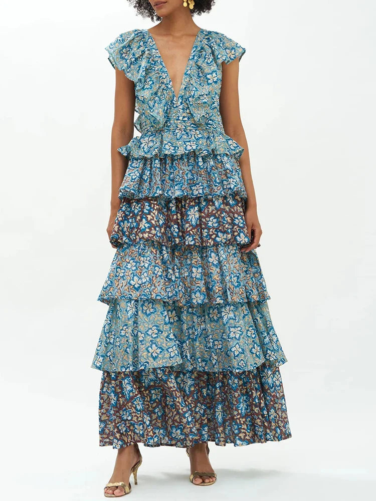 Floral Tiered Ruffle Dress with Deep V Neck for Summer