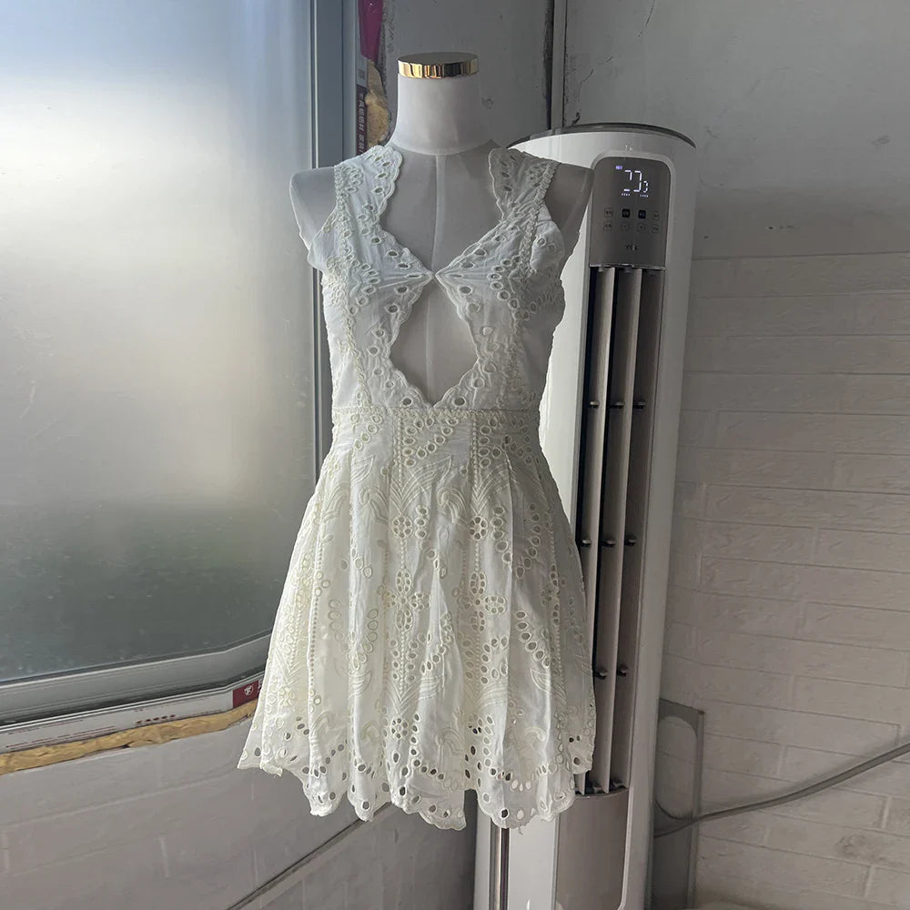 Elegant Deep V Neck Floral Hollow Out Dress for Women