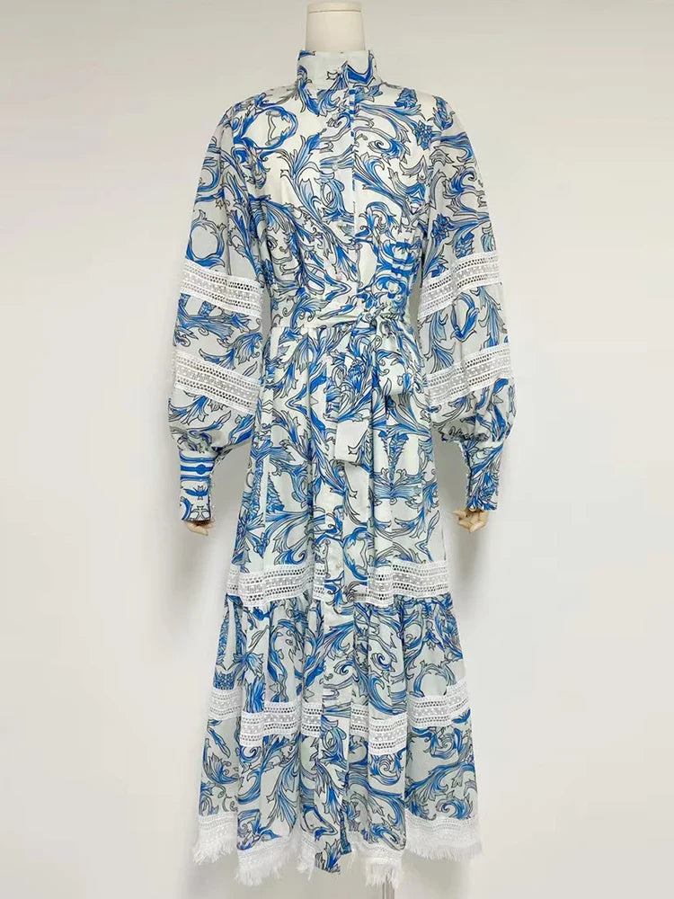 Floral Vintage Long Sleeve High Waist Dress for Women