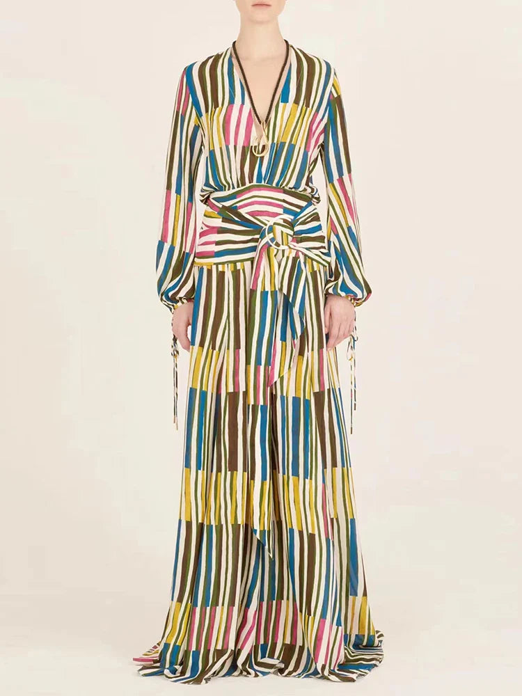 V-Neck Striped Lace-Up Long Dress for Women