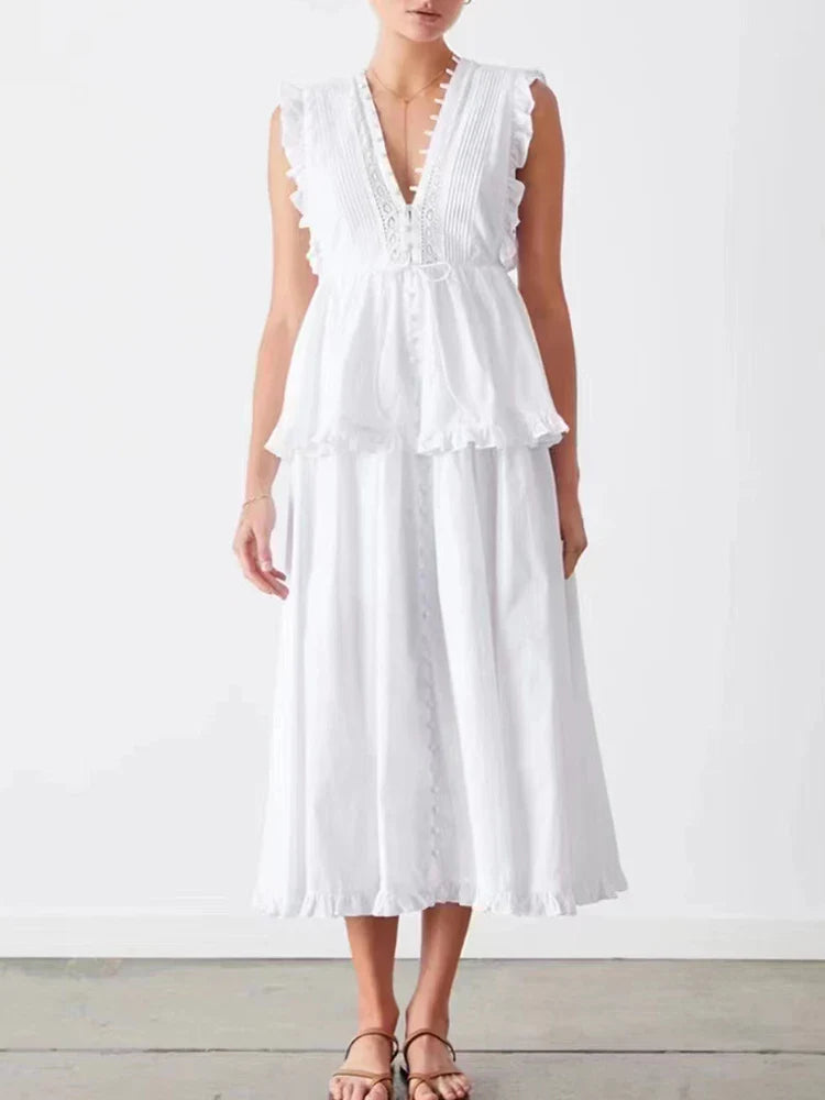 Elegant V-Neck Sleeveless Cut-Out High Waist Ruffle Dress