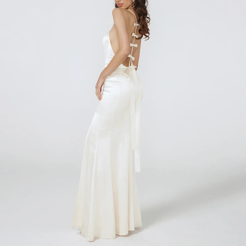 Elegant Backless Split Dress with Bow Detail for Women