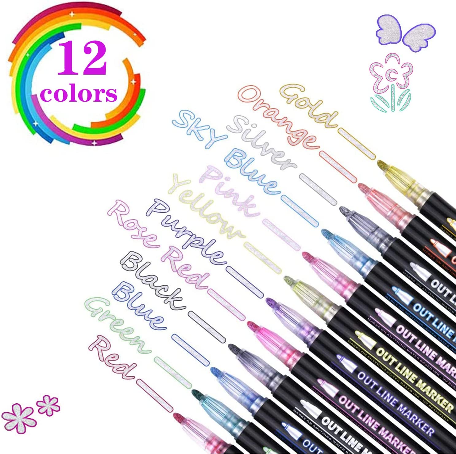 24 Colors Glitter Shimmer Marker Set, Double Line Outline Pens,  Self-Outline Metallic Markers, Super Squiggles Outline Markers, Glitter  Shimmer
