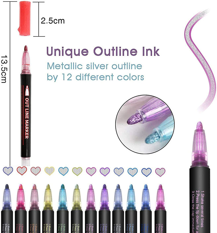 Super Squiggles Self-outline Metallic Markers, Double Line Pen