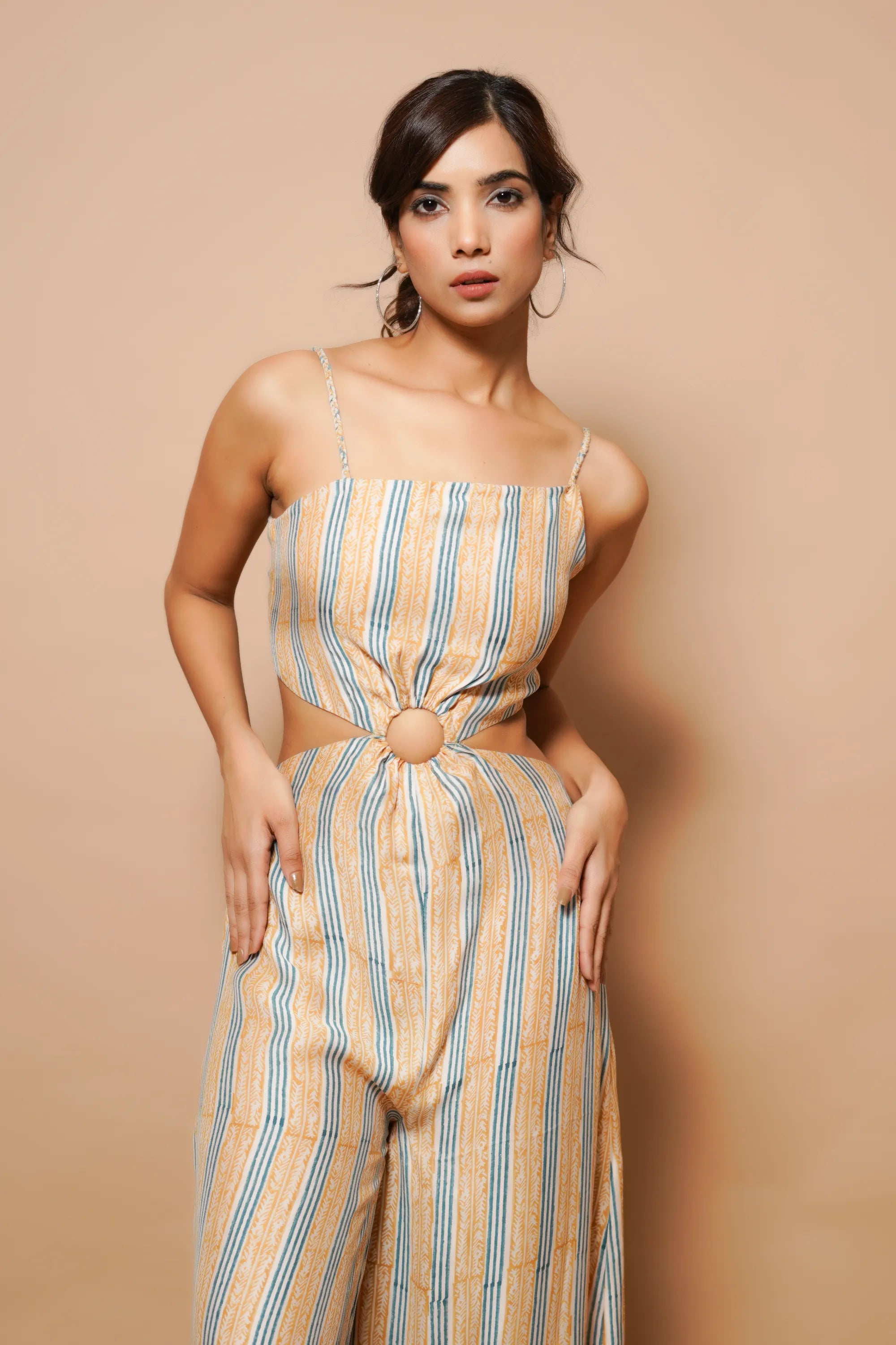 Brown Block Printed Jumpsuit akira coord top Vibrant Festive Hue: Bright neon
