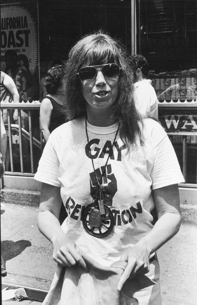 Jill Johnston wearing a “Gay Revolution” T-shirt at the second annual Christopher Street Liberation Day March, New York City, June 27, 1971. Credit: © Estate of Fred W. McDarrah.