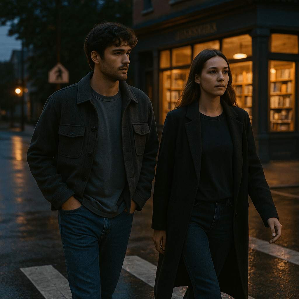Couple walking past bookshop at dusk