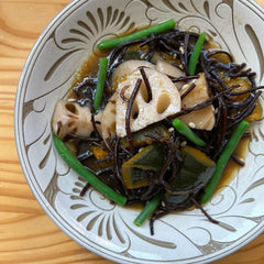 Hijiki salad with Kabocha and Lotus Roots flavoured with shio koji